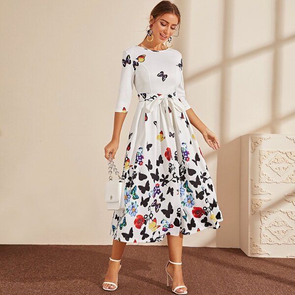 

Tie Waist Butterfly Print Dress