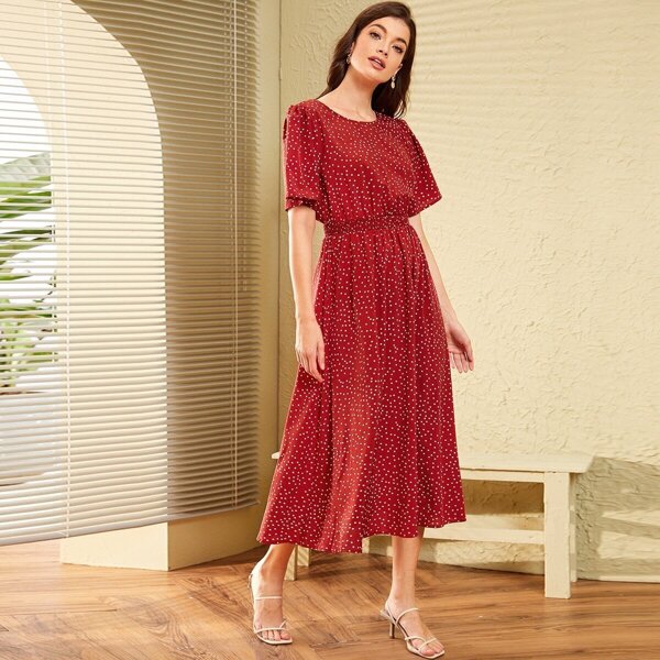 

Tie Back Polka Dot Shirred Waist Dress