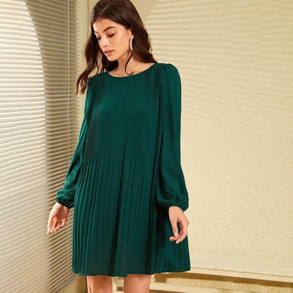 

Solid Tie Back Lantern Sleeve Pleated Dress, Green