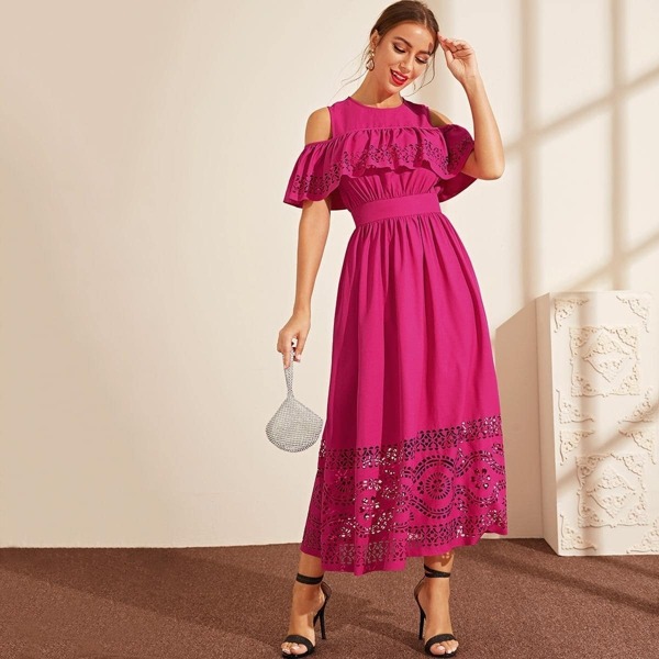 

Cold Shoulder Laser Cut Ruffle Foldover and Hem Dress