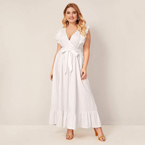 

Plus Surplice Neck Schiffy Trim Belted Maxi Dress, White