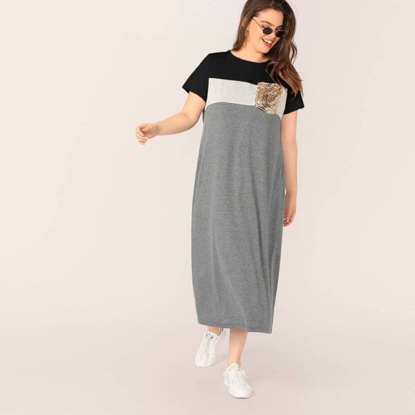 

Plus Sequin Pocket Patched Colorblock Tunic Dress, Grey