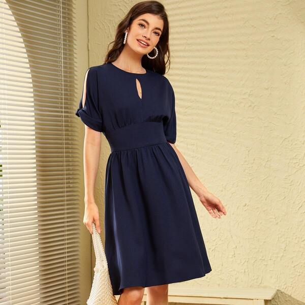 

Wide Waistband Split Sleeve Peekaboo Solid Dress, Navy
