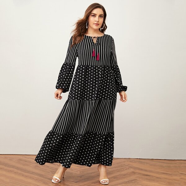 

Plus Striped & Polka-dot Fringe Tie Neck Dress, Black