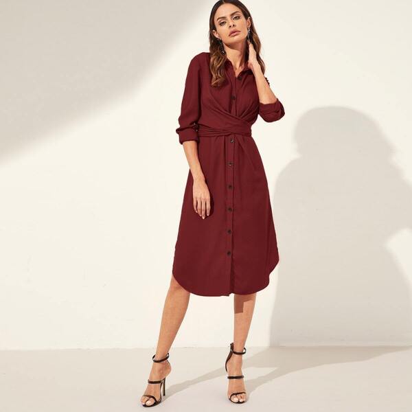 

Curved Hem Wrap Tie Back Midi Shirt Dress, Burgundy