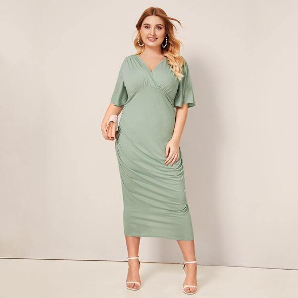 

Plus Flutter Sleeve Slit Hem Ruched Pencil Dress, Green pastel