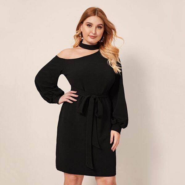 

Plus Asymmetrical Neck Belted Tunic Dress, Black