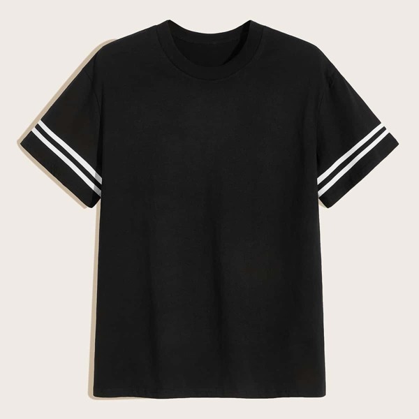 

Men Round Neck Varsity Striped Cuff Tee, Black
