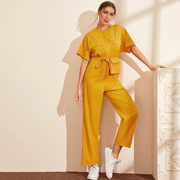 

Zip Up Flap Pocket Patched Wide Leg Jumpsuit, Yellow