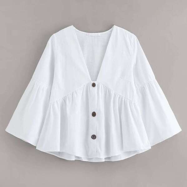 

V-neck Button Front Peplum Blouse, White