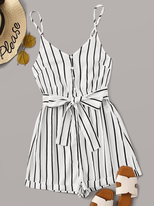 

Striped Button Front Belted Cami Romper, White