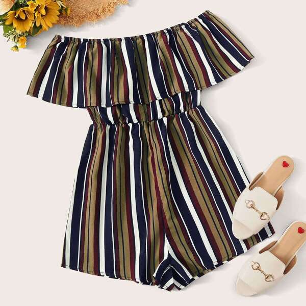 

Striped Print Ruffle Trim Bardot Romper