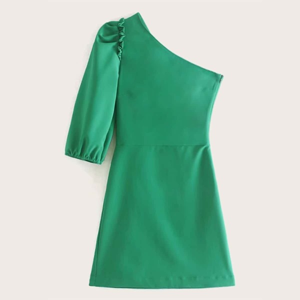 

One Shoulder Frill Trim Zipper Dress
