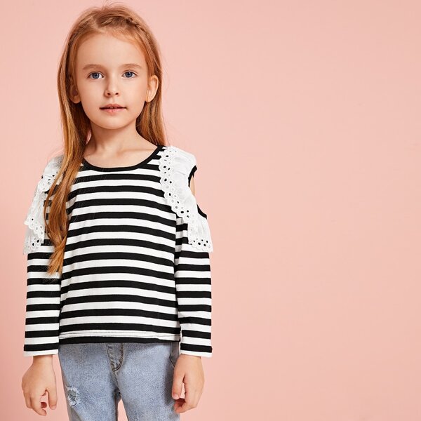 

Toddler Girls Striped Cold Shoulder Eyelet Embroidered Tee