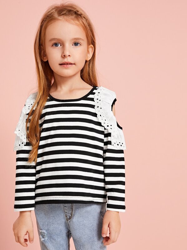 

Toddler Girls Striped Cold Shoulder Eyelet Embroidered Tee, Black and white, Sofia B