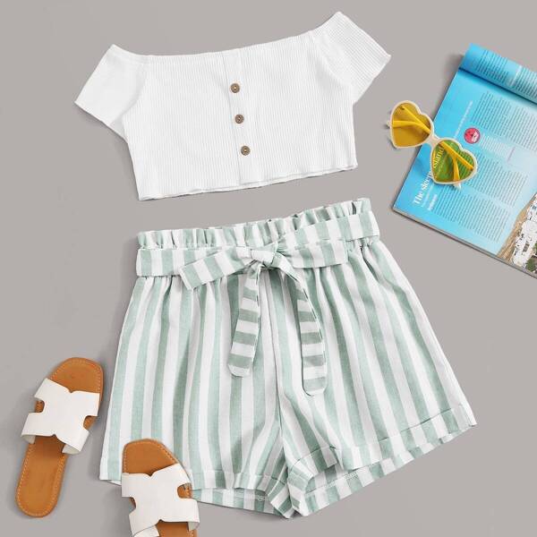 

Button Front Rib-Knit Crop Top With Striped Shorts