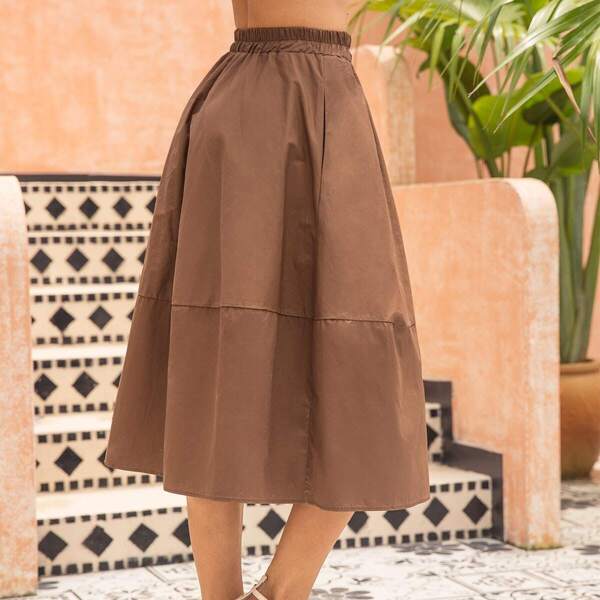 

Solid High Rise Side Pocket Midi Skirt, Brown