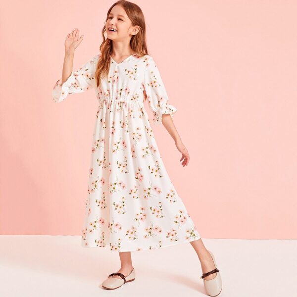 

Girls V-neck Bell Sleeve Floral Dress, White