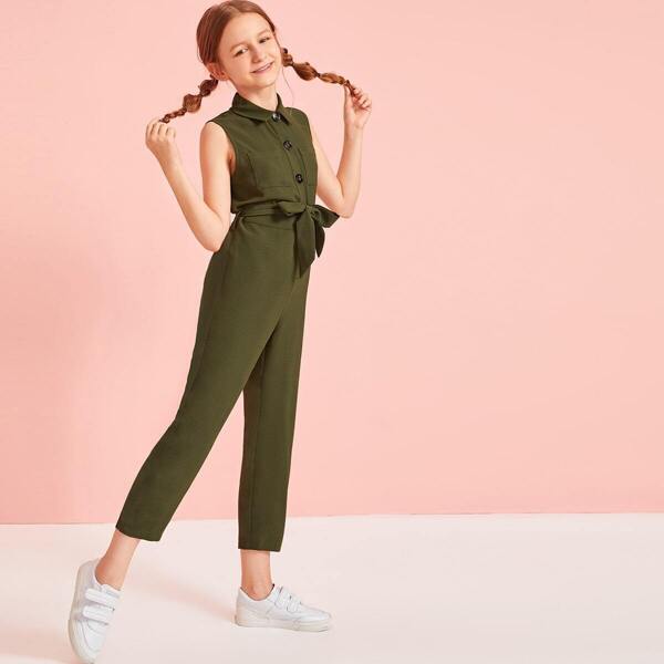 

Girls Pocket Patched Self Belted Sleeveless Utility Jumpsuit, Army green