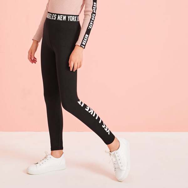 

Girls Letter Tape Waist Slogan Print Leggings