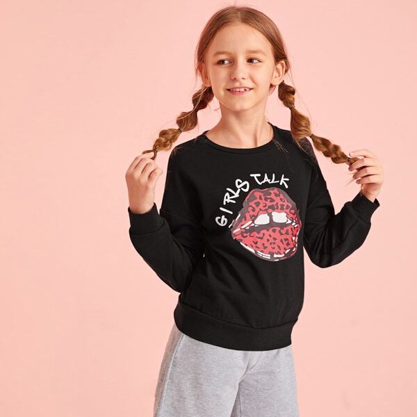 

Girls Slogan and Lip Print Pullover, Black