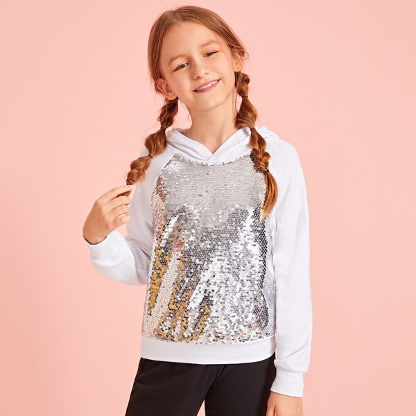

Girls Contrast Sequin Patched Raglan Sleeve Hoodie, White