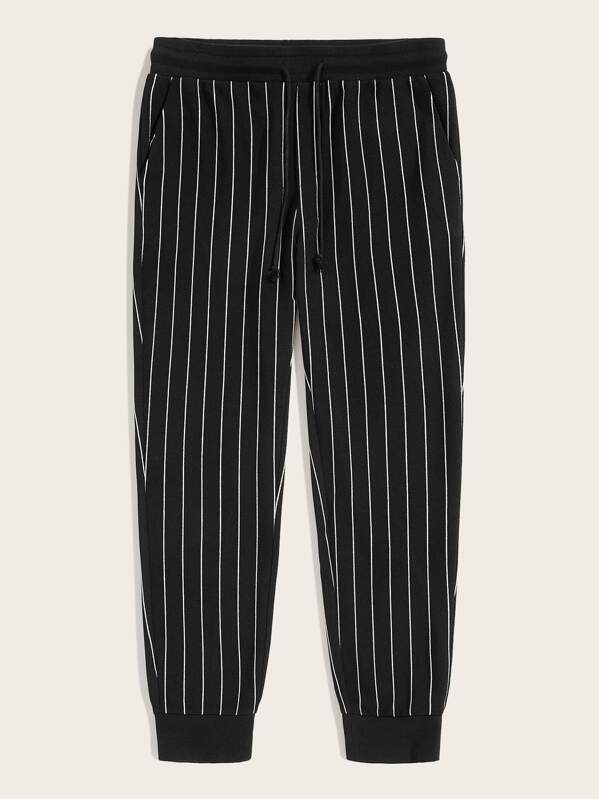 

Men Drawstring Waist Slant Pocket Striped Pants, Black
