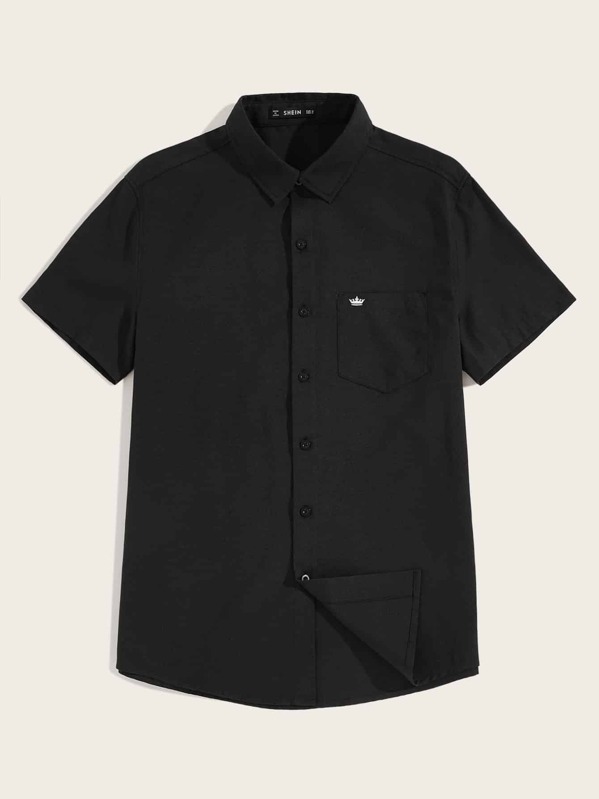 

Men Embroidered Crown Pocket Patched Shirt, Black