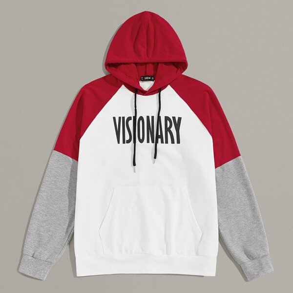 

Men Letter Print Pocket Front Colorblock Hoodie, White