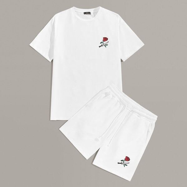 

Men Rose and Knife Print Tee and Shorts Set, White