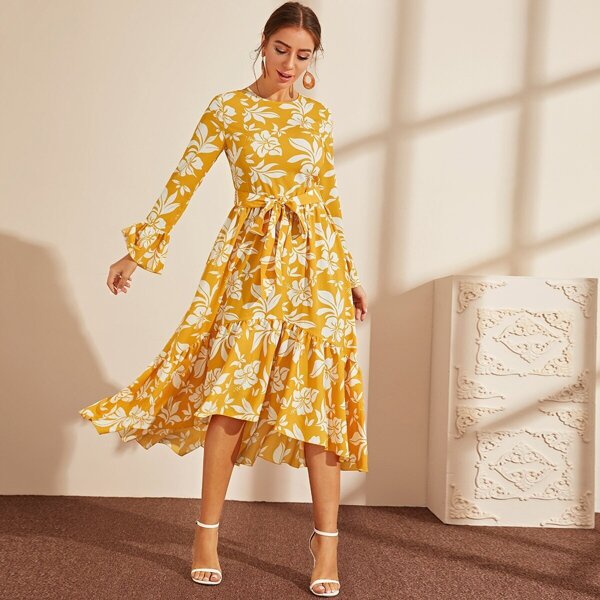 

Botanical Print Bell Sleeve High Low Dress, Yellow bright