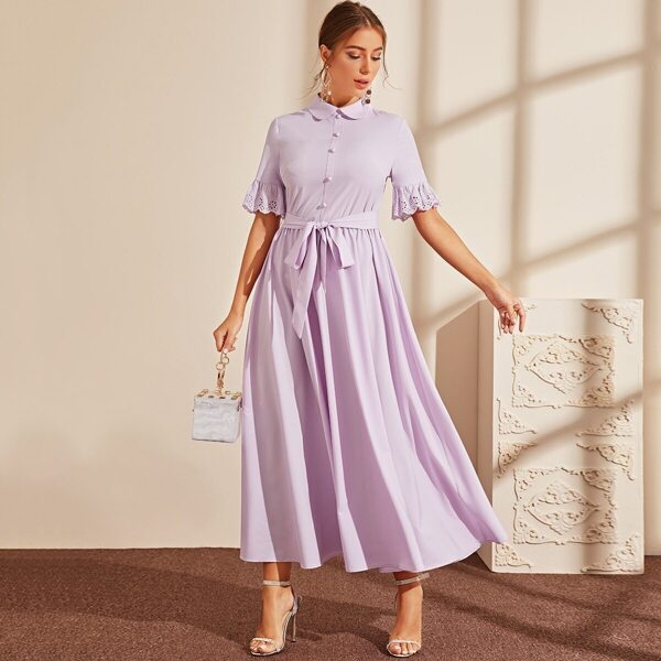 

Button Front Embroidered Eyelet Cuff Self Belted Dress, Purple pastel