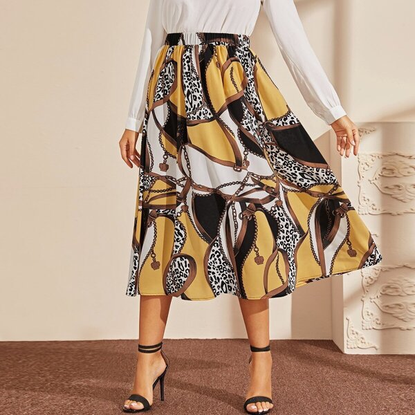 

Elastic Waist Leopard and Chain Print Skirt
