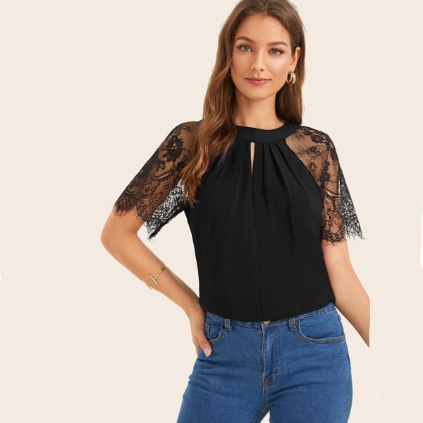 

Keyhole Neckline Lace Panel Blouse