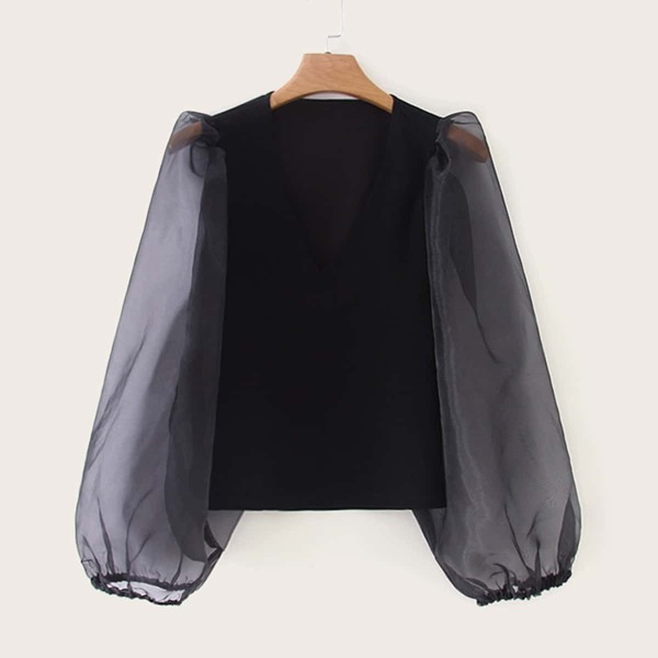

V-neck Contrast Mesh Cuff Solid Blouse