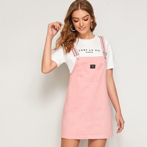 

Letter Patched Pocket Pinafore Dress