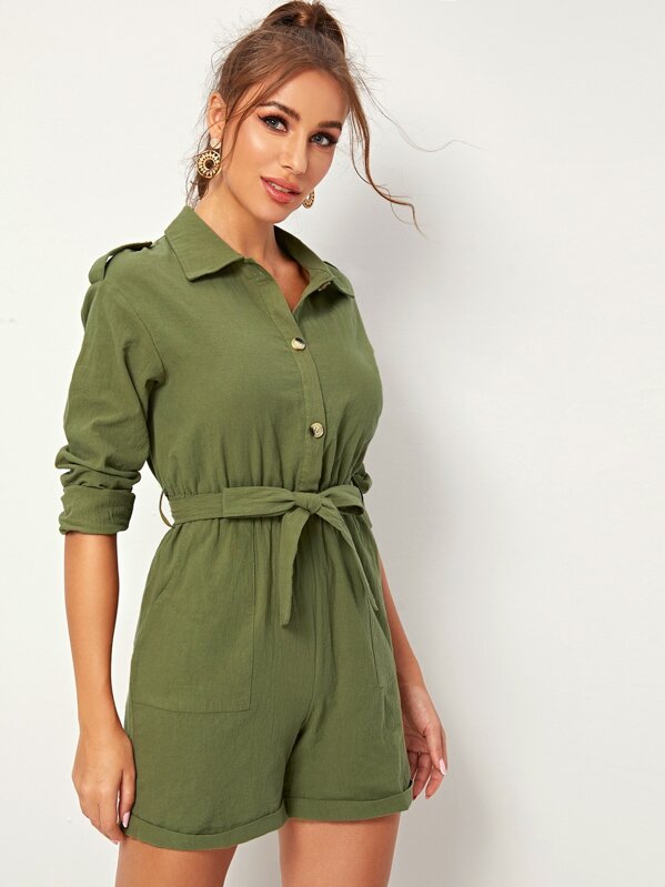 

Rolled Hem Half Button Belted Shirt Romper, Army green, Hanna