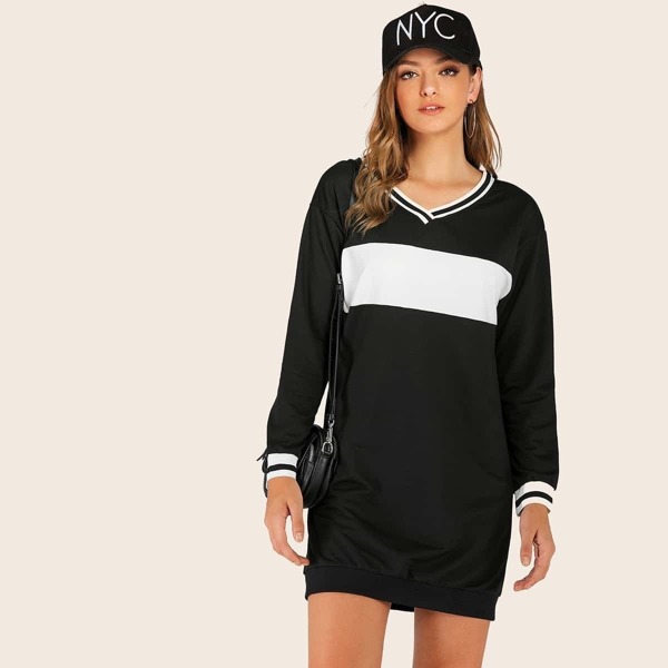 

V-neck Cut And Sew Stripe Panel Sweatshirt Dress, Black and white