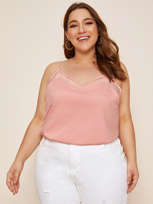 

Plus Mesh Panel Solid Cami Top, Pink, Ray