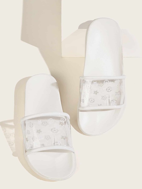

Geometric Print Open Toe Sliders, White