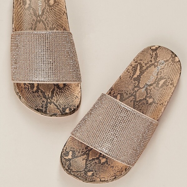

Diamante Band Snake Footbed Slide Sandals, Tan