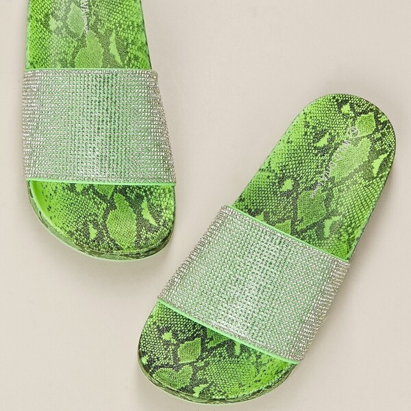 

Crystal Band Neon Snake Footbed Slide Sandals, Green