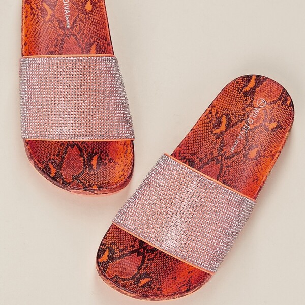 

Rhinestone Band Neon Snake Footbed Slide Sandals, Orange