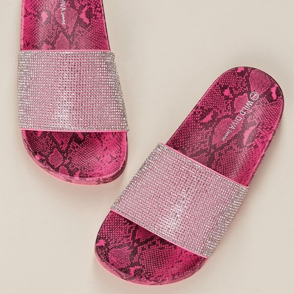 

Crystal Band Neon Snake Footbed Slide Sandals, Hot pink