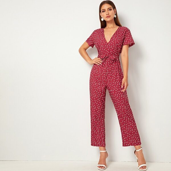 

Ditsy Floral Print V-Neck Belted Jumpsuit