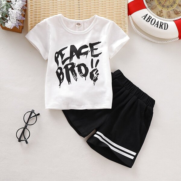 

Toddler Boys Letter Print Tee & Stripe Panel Shorts, Black and white