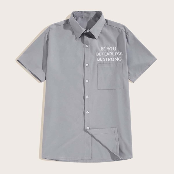 

Men Embroidered Button Front Pocket Shirt, Grey