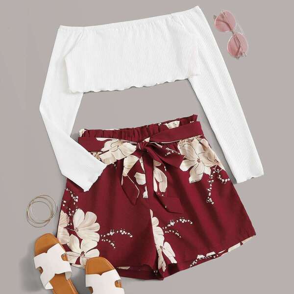

Lettuce Trim Bardot Top With Paperbag Floral Shorts