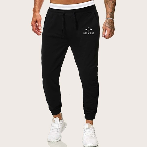 

Men Drawstring Waist Letter & Planet Print Sweatpants