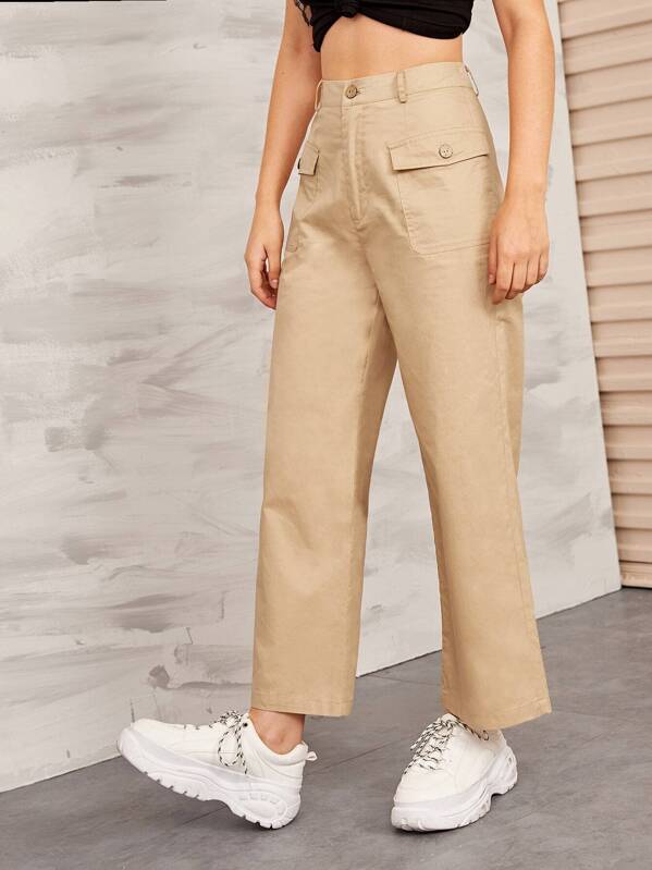

Solid Flap Pocket Front Wide Leg Cargo Pants, Khaki, Tasha